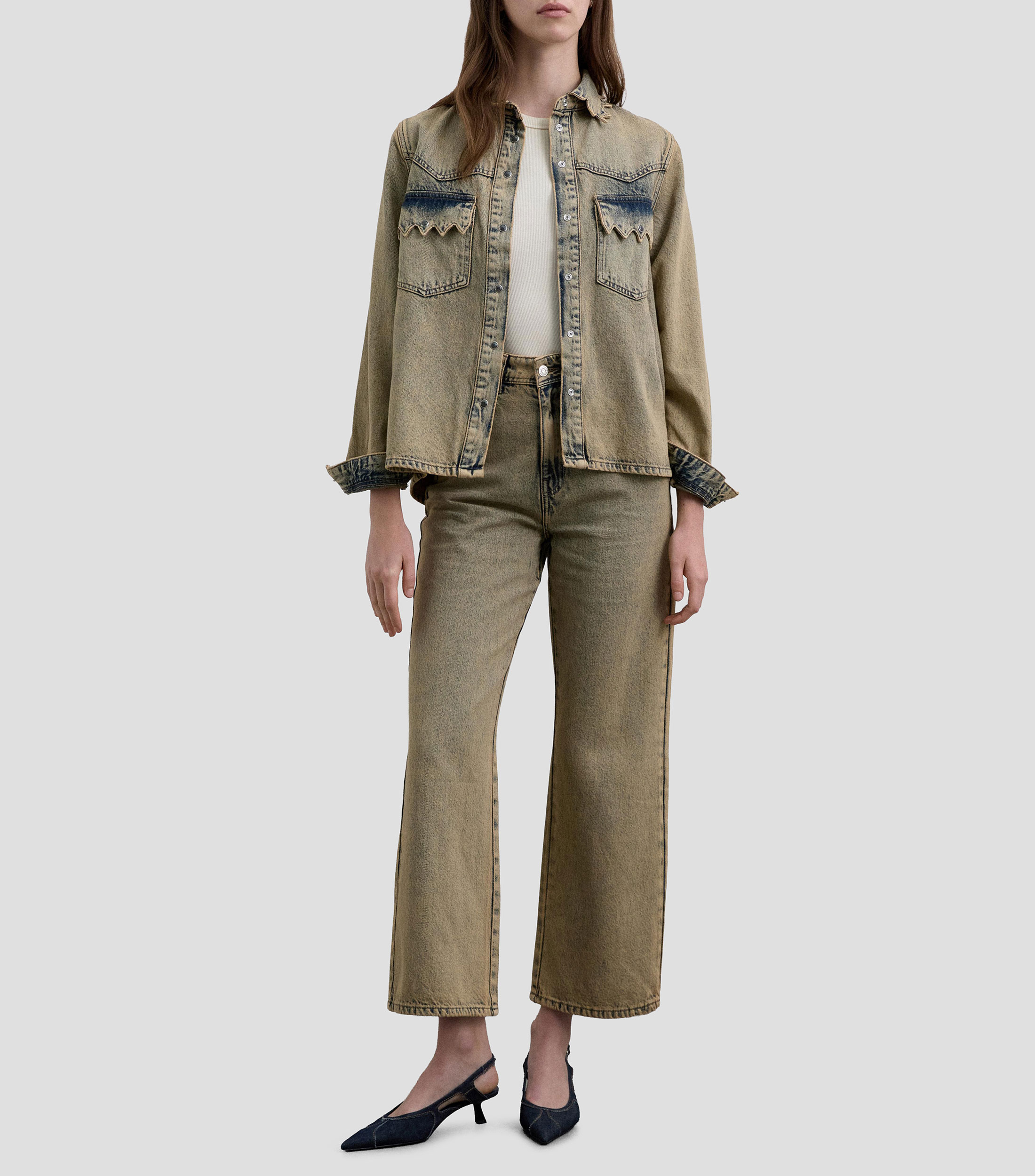 Camisa lisa en mezclilla manga larga Mujer